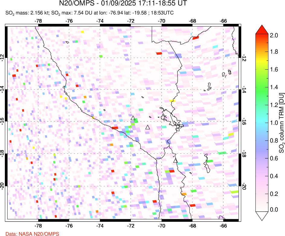 A sulfur dioxide image over Peru on Jan 09, 2025.