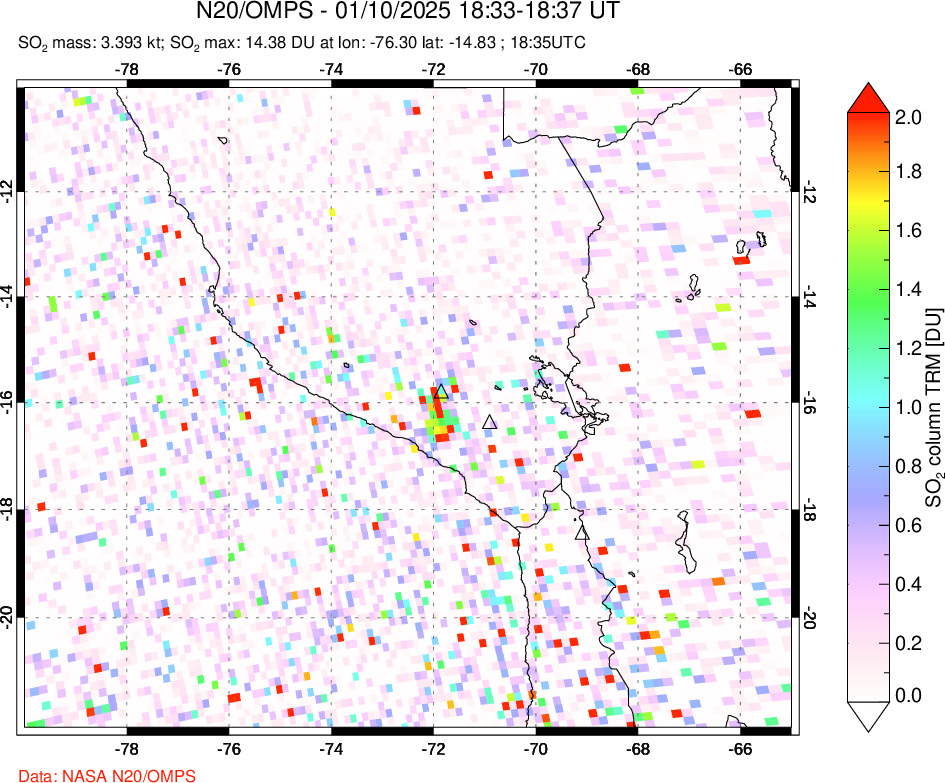 A sulfur dioxide image over Peru on Jan 10, 2025.