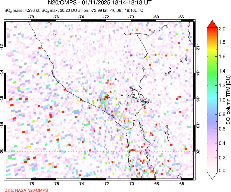 A sulfur dioxide image over Peru on Jan 11, 2025.