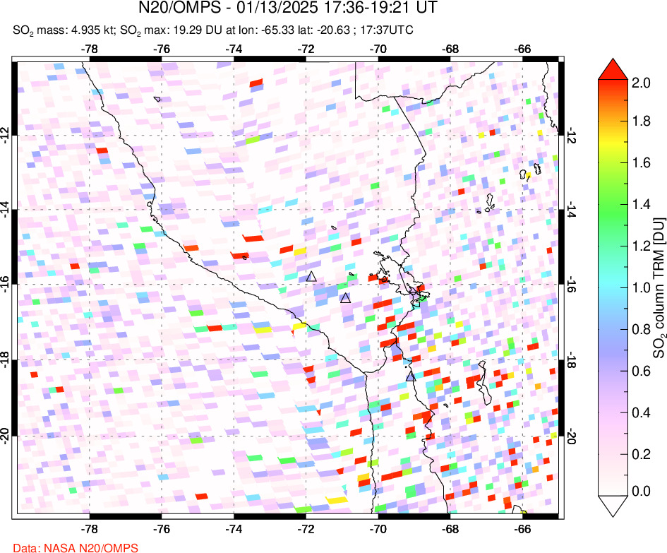 A sulfur dioxide image over Peru on Jan 13, 2025.