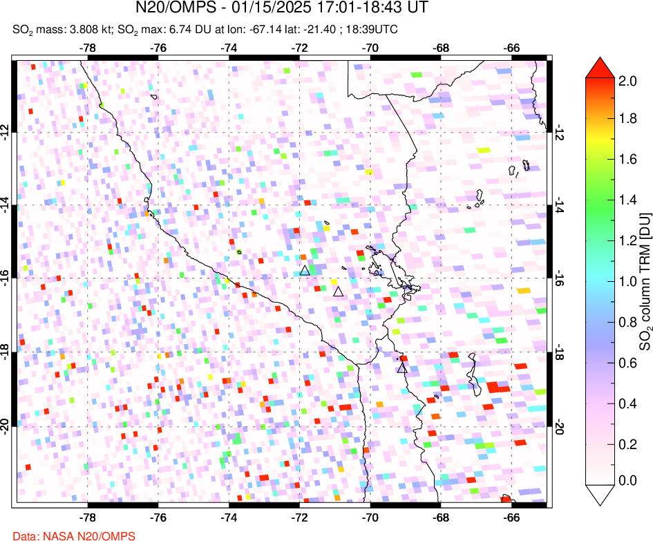 A sulfur dioxide image over Peru on Jan 15, 2025.