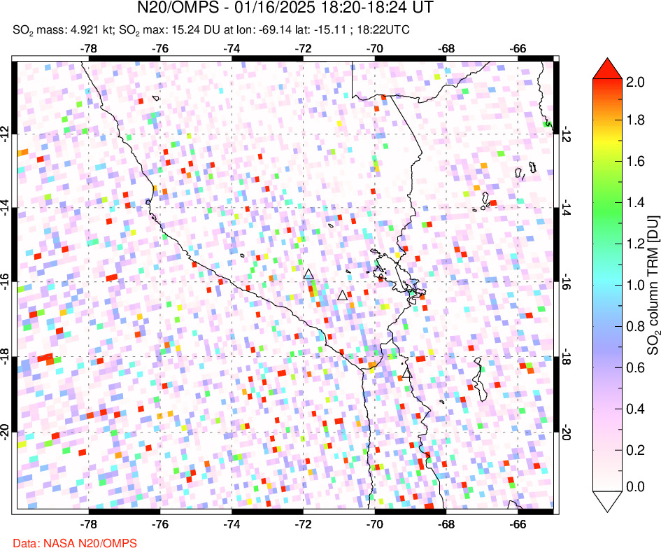 A sulfur dioxide image over Peru on Jan 16, 2025.