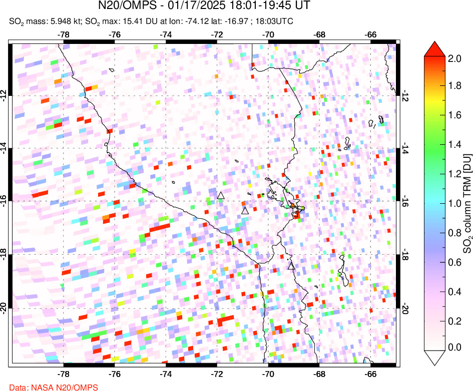 A sulfur dioxide image over Peru on Jan 17, 2025.