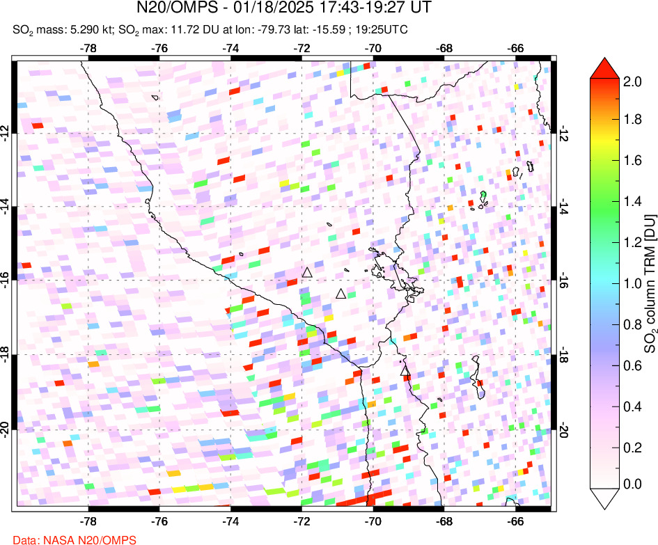 A sulfur dioxide image over Peru on Jan 18, 2025.