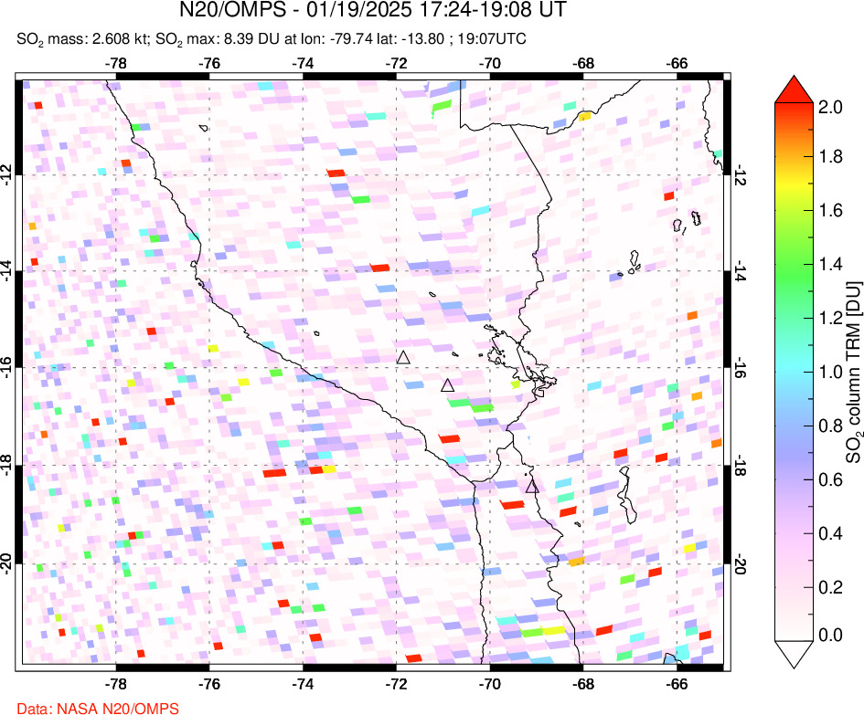 A sulfur dioxide image over Peru on Jan 19, 2025.