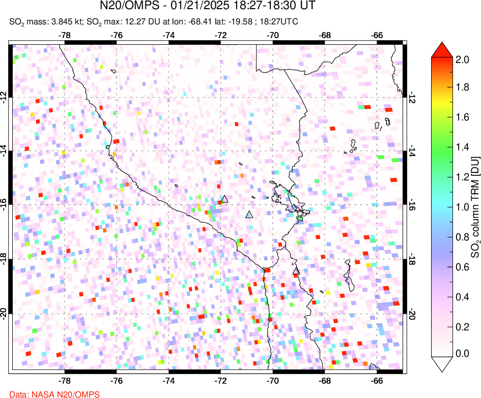 A sulfur dioxide image over Peru on Jan 21, 2025.