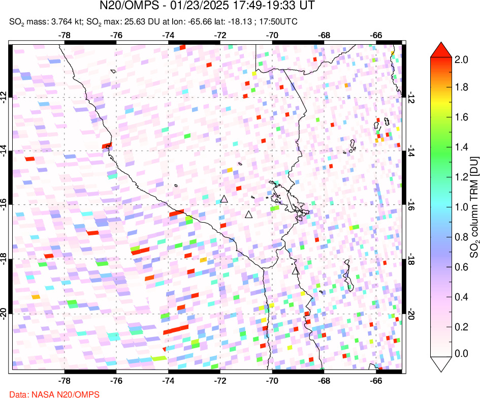 A sulfur dioxide image over Peru on Jan 23, 2025.