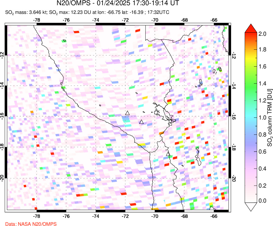 A sulfur dioxide image over Peru on Jan 24, 2025.