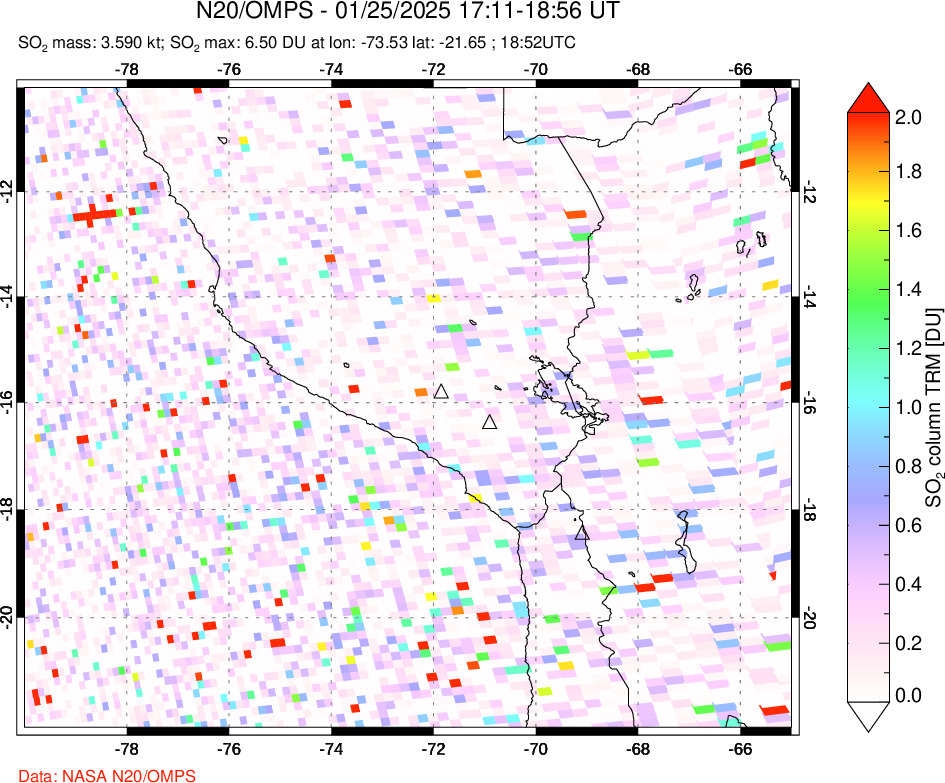 A sulfur dioxide image over Peru on Jan 25, 2025.