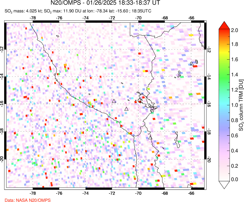 A sulfur dioxide image over Peru on Jan 26, 2025.