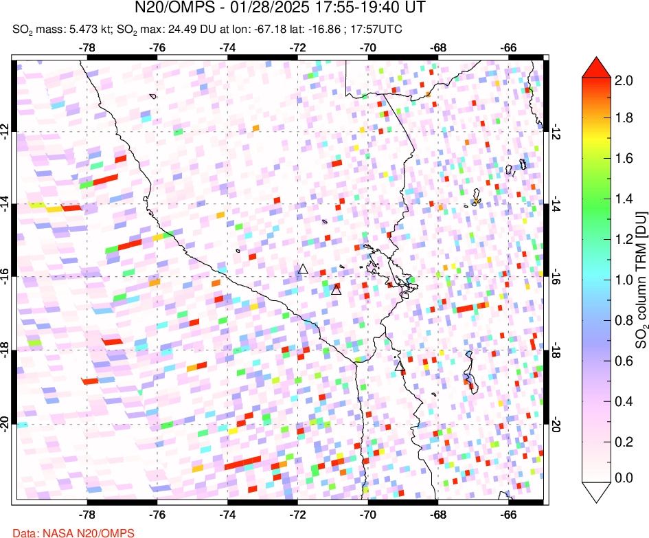 A sulfur dioxide image over Peru on Jan 28, 2025.