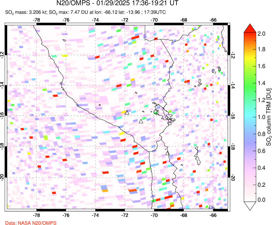 A sulfur dioxide image over Peru on Jan 29, 2025.