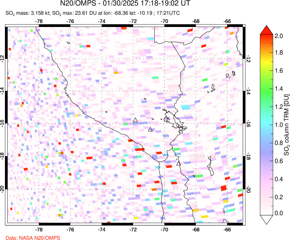 A sulfur dioxide image over Peru on Jan 30, 2025.