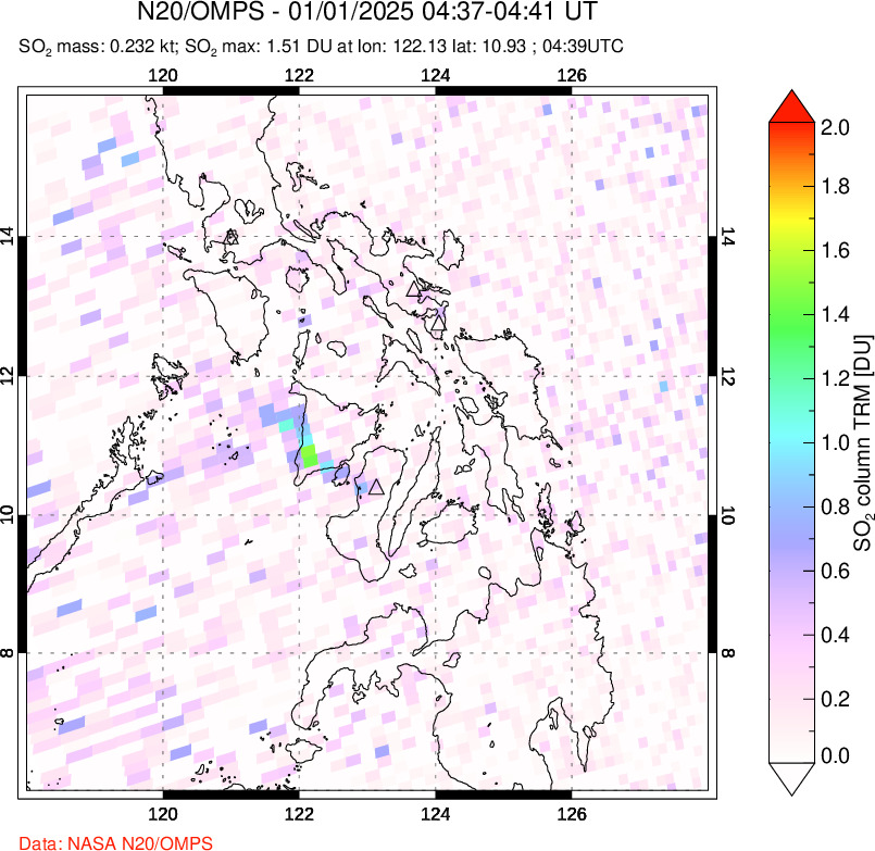 A sulfur dioxide image over Philippines on Jan 01, 2025.