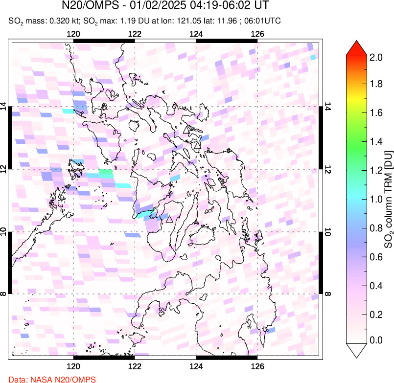 A sulfur dioxide image over Philippines on Jan 02, 2025.