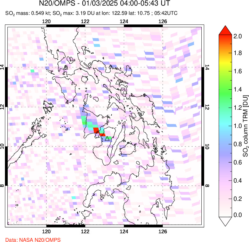 A sulfur dioxide image over Philippines on Jan 03, 2025.