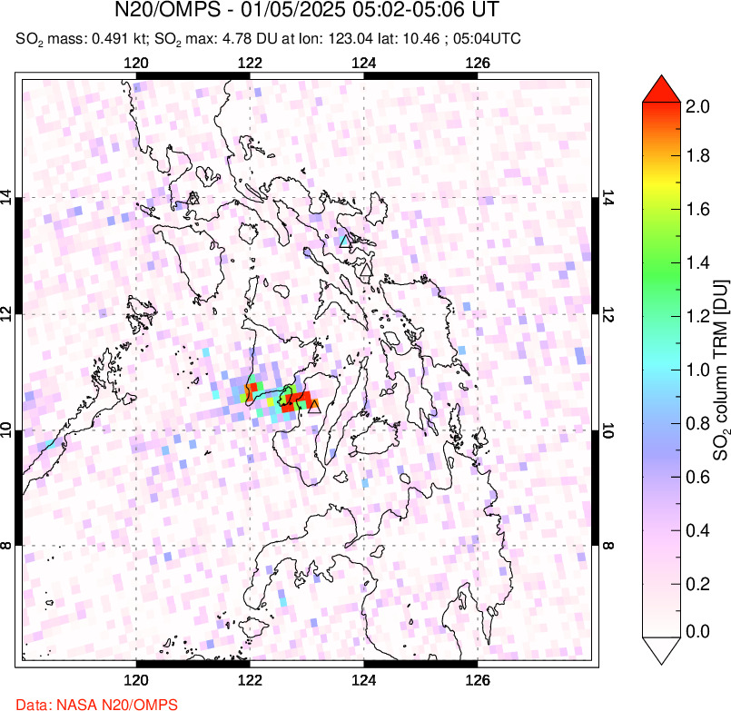 A sulfur dioxide image over Philippines on Jan 05, 2025.