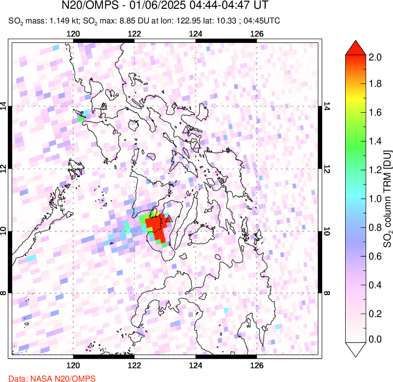 A sulfur dioxide image over Philippines on Jan 06, 2025.