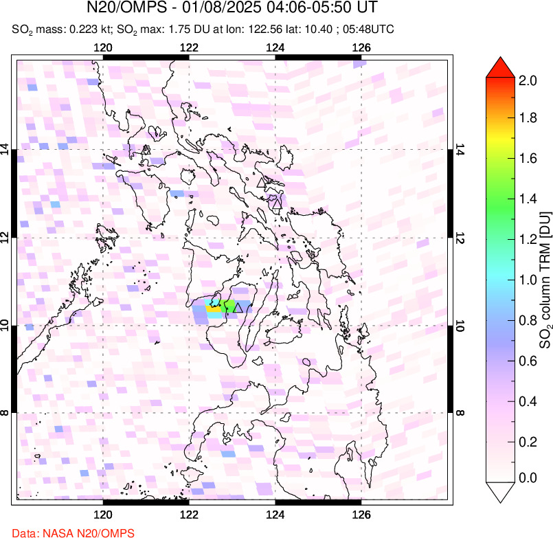 A sulfur dioxide image over Philippines on Jan 08, 2025.