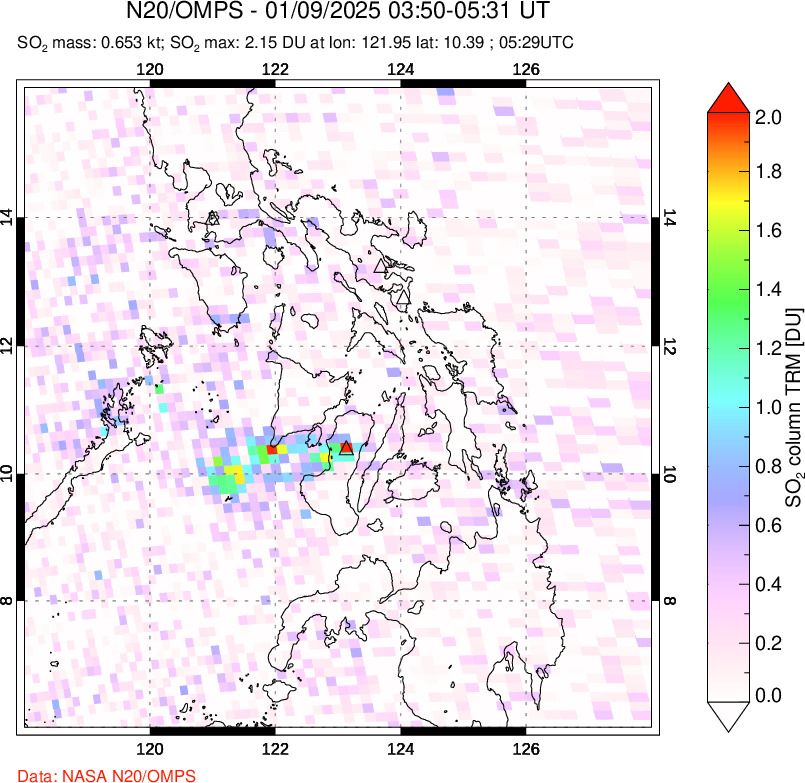 A sulfur dioxide image over Philippines on Jan 09, 2025.