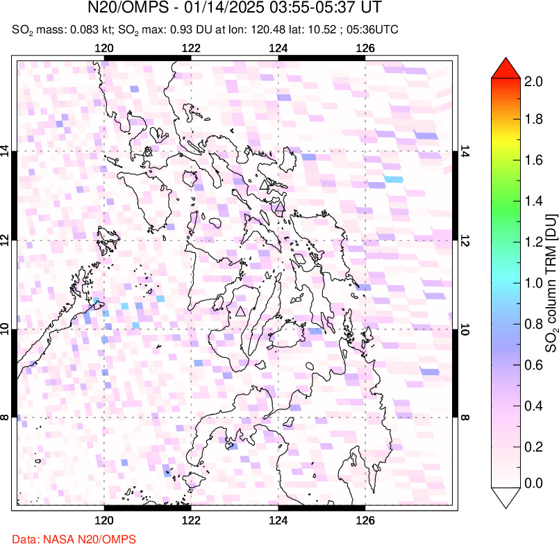 A sulfur dioxide image over Philippines on Jan 14, 2025.