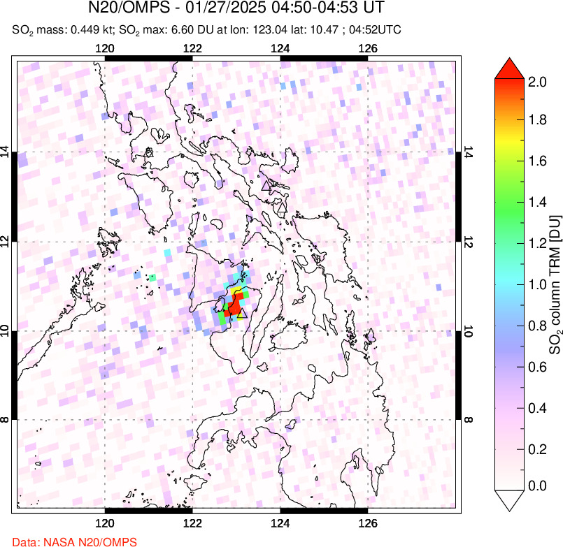 A sulfur dioxide image over Philippines on Jan 27, 2025.