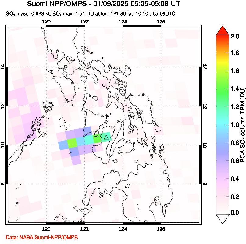 A sulfur dioxide image over Philippines on Jan 09, 2025.