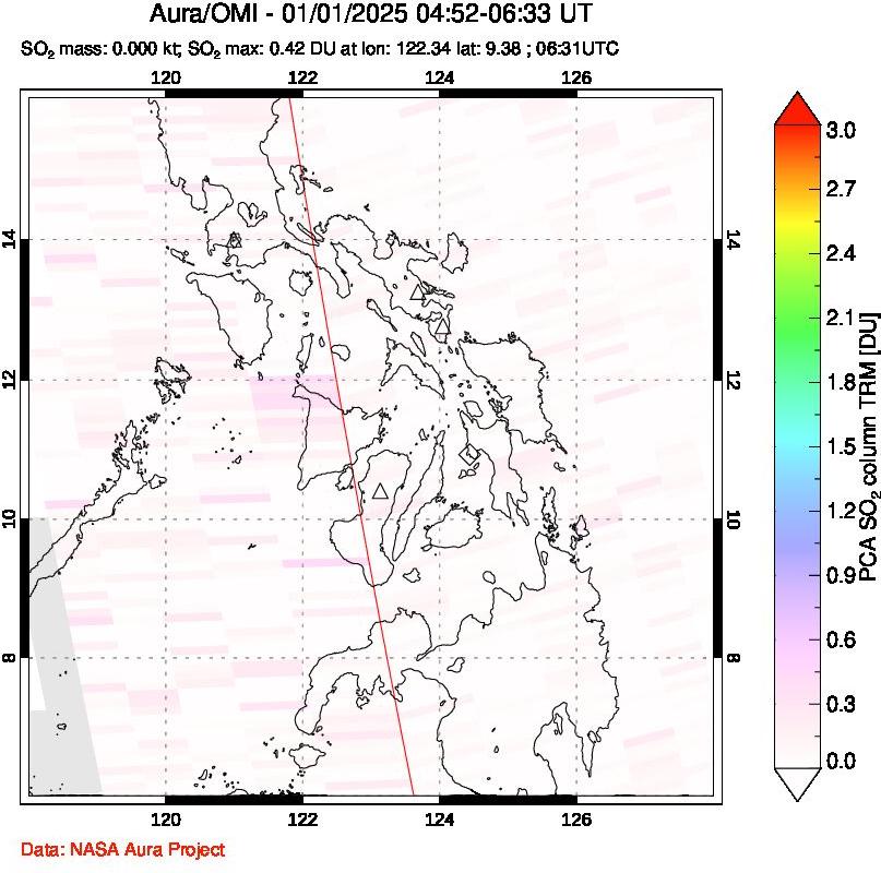 A sulfur dioxide image over Philippines on Jan 01, 2025.