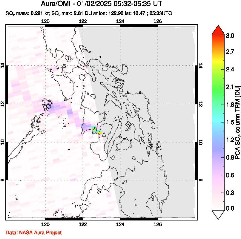 A sulfur dioxide image over Philippines on Jan 02, 2025.