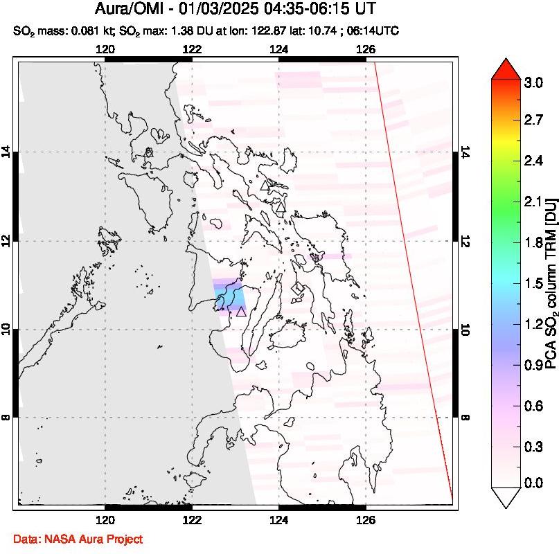 A sulfur dioxide image over Philippines on Jan 03, 2025.