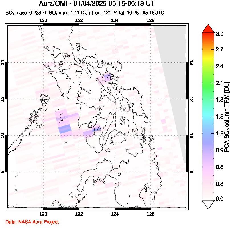 A sulfur dioxide image over Philippines on Jan 04, 2025.