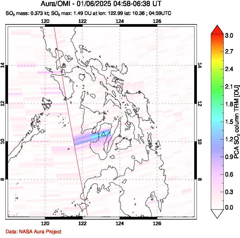 A sulfur dioxide image over Philippines on Jan 06, 2025.