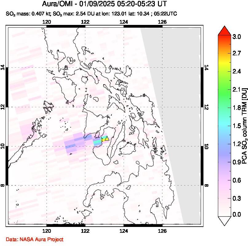 A sulfur dioxide image over Philippines on Jan 09, 2025.