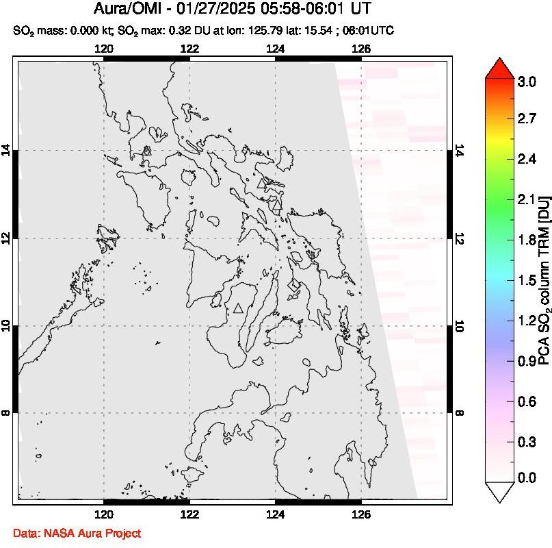 A sulfur dioxide image over Philippines on Jan 27, 2025.