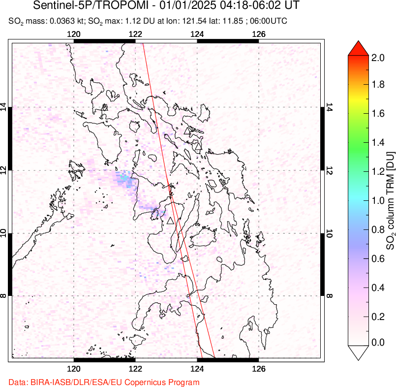 A sulfur dioxide image over Philippines on Jan 01, 2025.