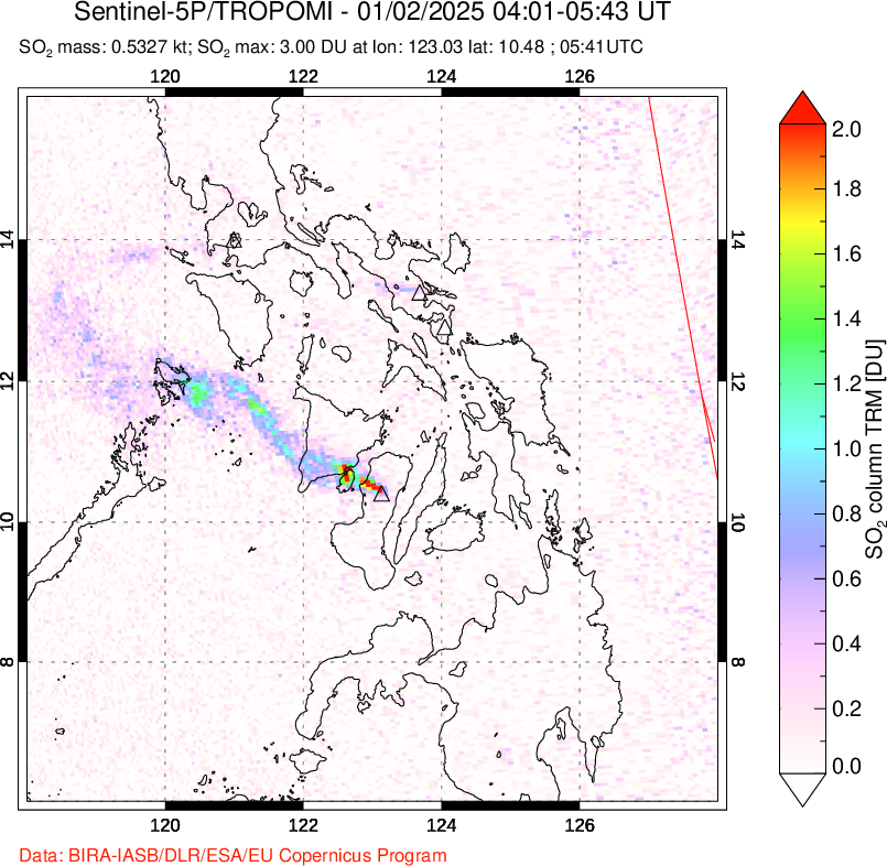 A sulfur dioxide image over Philippines on Jan 02, 2025.