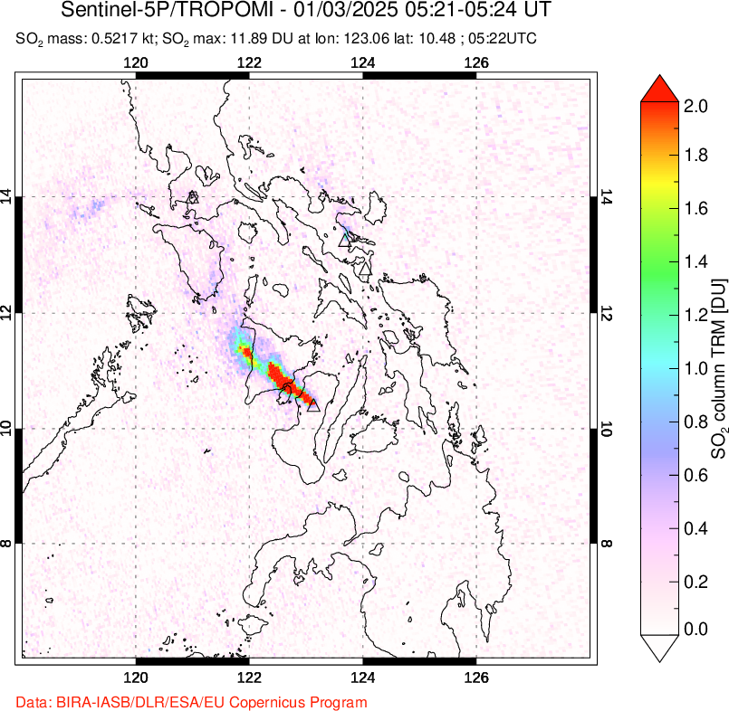 A sulfur dioxide image over Philippines on Jan 03, 2025.