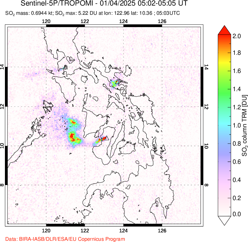 A sulfur dioxide image over Philippines on Jan 04, 2025.