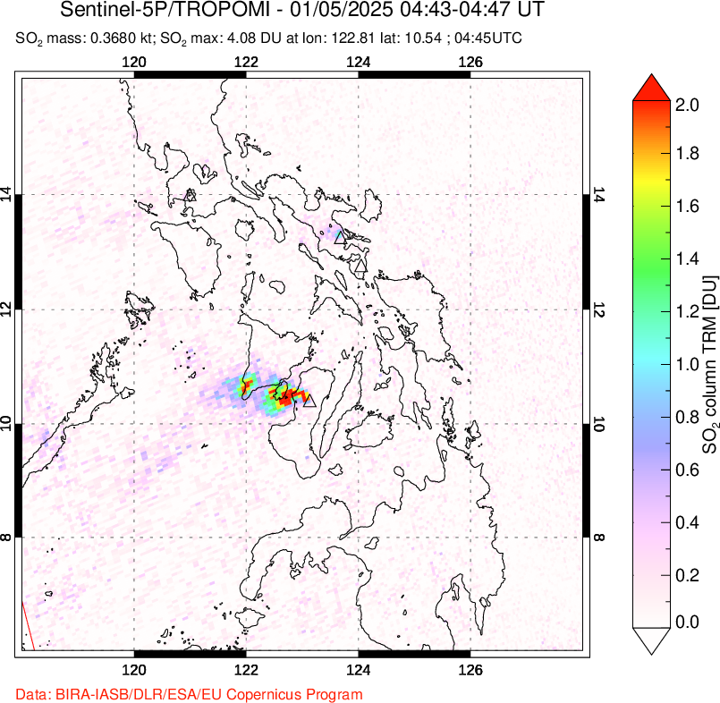 A sulfur dioxide image over Philippines on Jan 05, 2025.