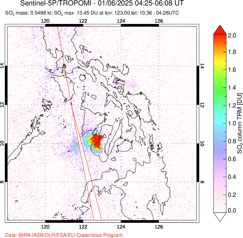 A sulfur dioxide image over Philippines on Jan 06, 2025.