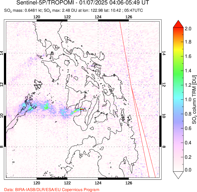 A sulfur dioxide image over Philippines on Jan 07, 2025.