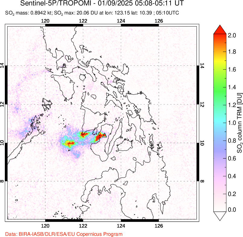 A sulfur dioxide image over Philippines on Jan 09, 2025.