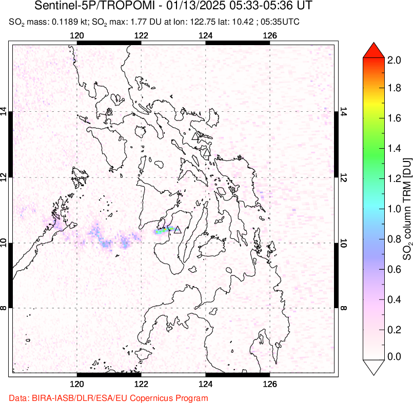 A sulfur dioxide image over Philippines on Jan 13, 2025.