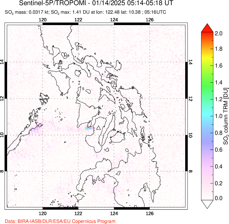 A sulfur dioxide image over Philippines on Jan 14, 2025.