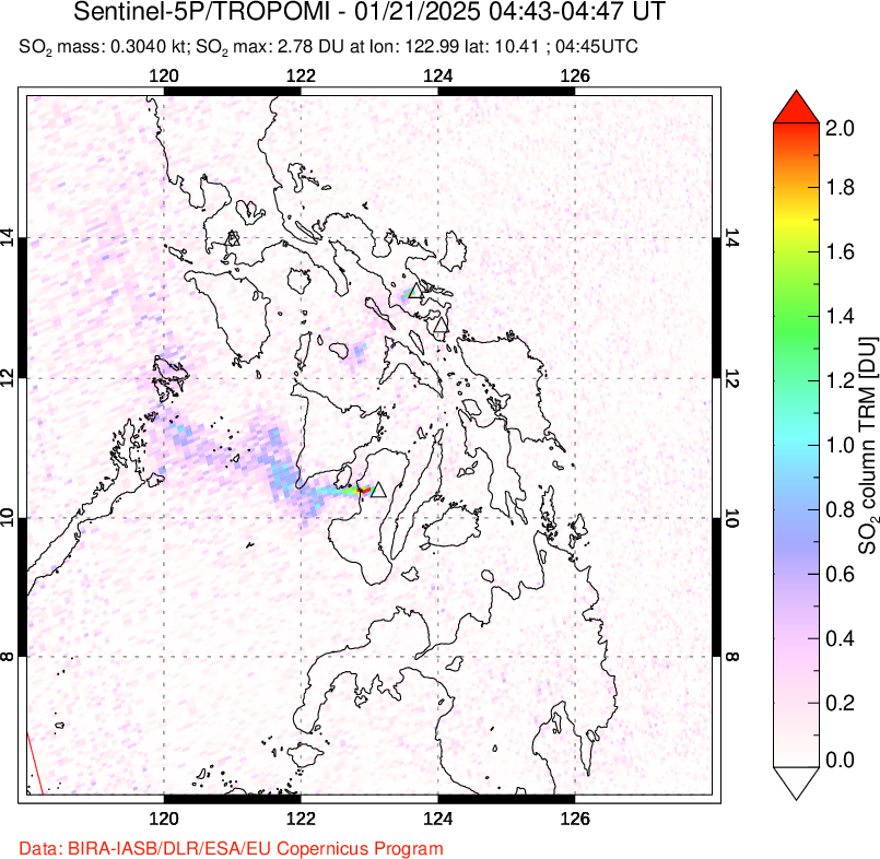 A sulfur dioxide image over Philippines on Jan 21, 2025.