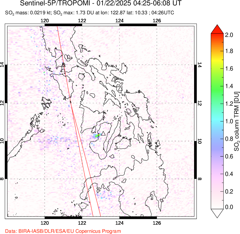 A sulfur dioxide image over Philippines on Jan 22, 2025.