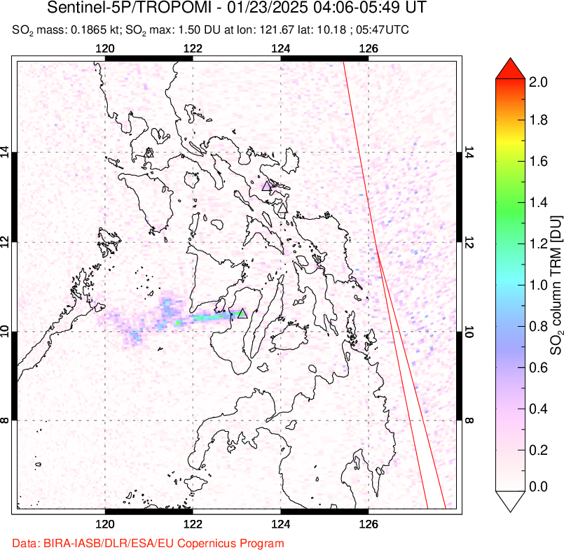 A sulfur dioxide image over Philippines on Jan 23, 2025.