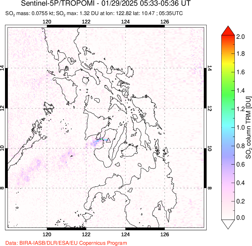 A sulfur dioxide image over Philippines on Jan 29, 2025.