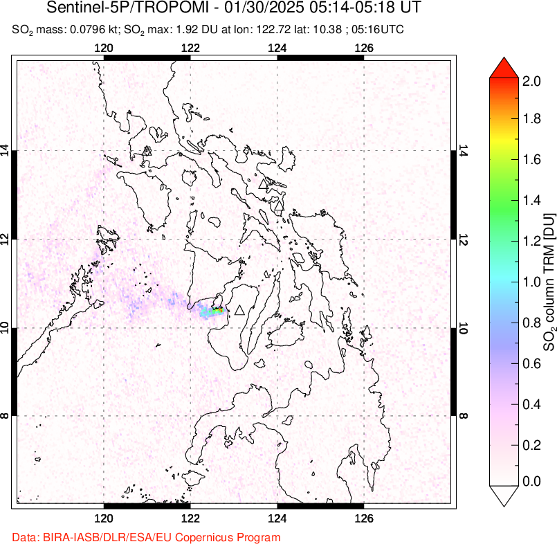 A sulfur dioxide image over Philippines on Jan 30, 2025.