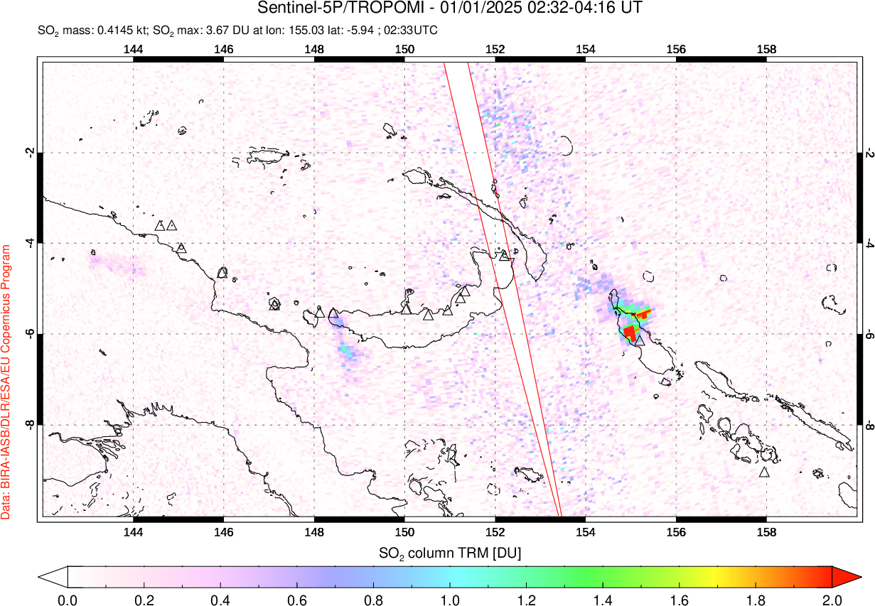 A sulfur dioxide image over Papua, New Guinea on Jan 01, 2025.